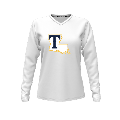 [CUS-DFW-TEES-CMF-VNK-LSL-WHT-FYXS-LOGO2] Decker Comfort T-Shirt (Female Youth XS, White, V Neck, Logo 2, Long Sleeve)