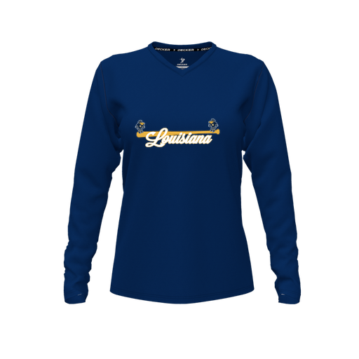 [FTLVCFNV-FYXS-LOGO3] Decker Comfort T-Shirt (Female Youth XS, Navy, V Neck, Logo 3, Long Sleeve)