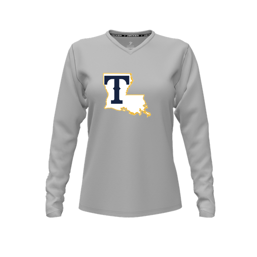 [FTLVCFGY-FYXS-LOGO2] Decker Comfort T-Shirt (Female Youth XS, Gray, V Neck, Logo 2, Long Sleeve)