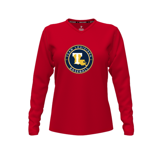 [FTLVPTRD-FYXS-LOGO1] Decker Performance T-Shirt (Female Youth XS, Red, V Neck, Logo 1, Long Sleeve)