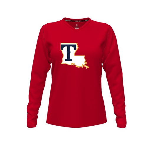 [CUS-DFW-TEES-PER-VNK-LSL-RED-FYXS-LOGO2] Performance T-Shirt (Female Youth XS, Red, V Neck, Logo 2, Long Sleeve)