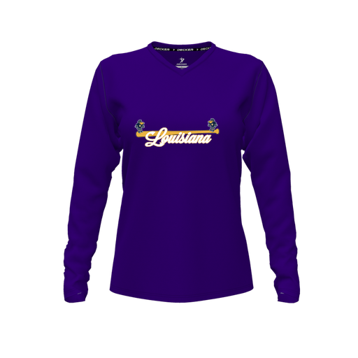 [CUS-DFW-TEES-PER-VNK-LSL-PUR-FYXS-LOGO3] Performance T-Shirt (Female Youth XS, Purple, V Neck, Logo 3, Long Sleeve)